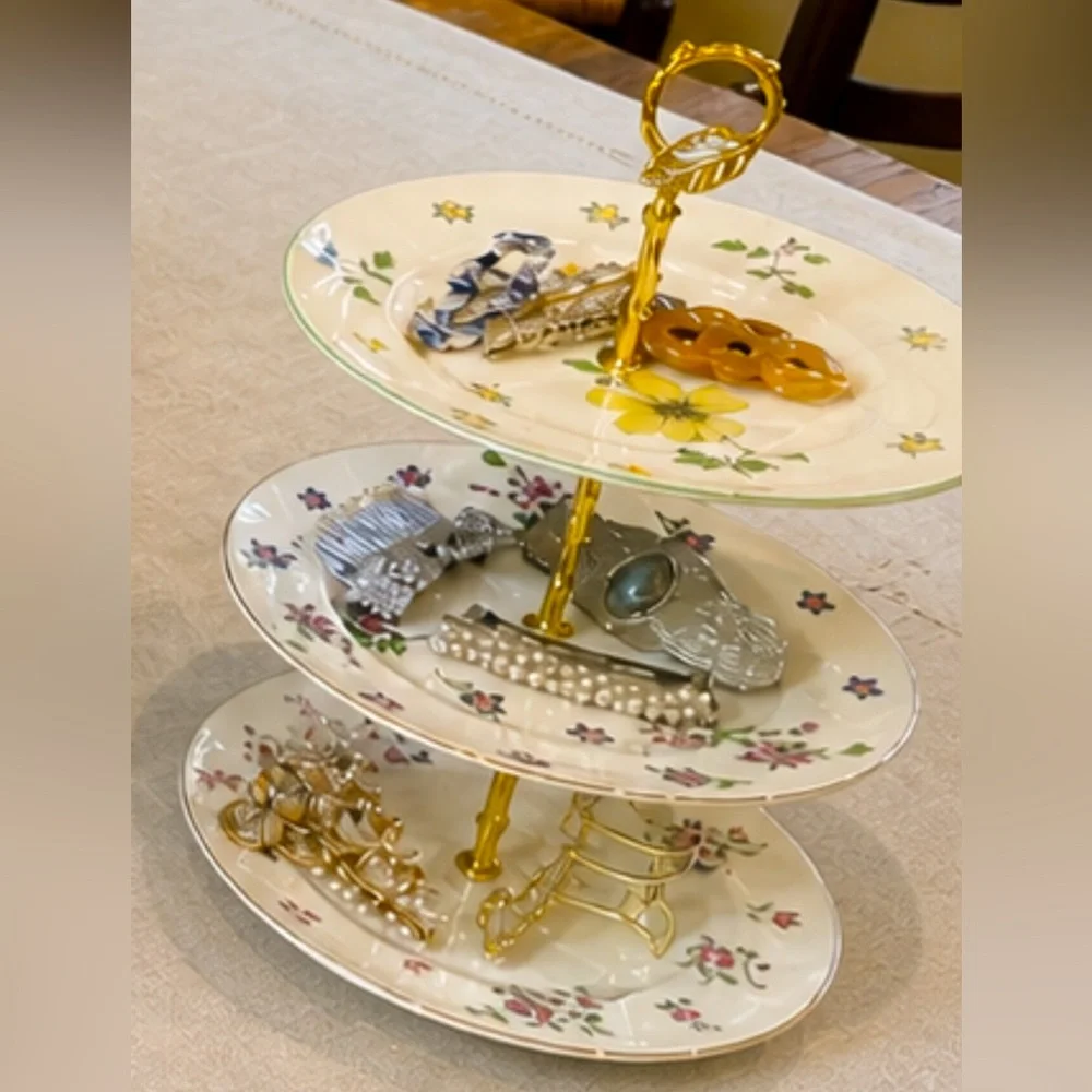 Vintage Floral 3-Tier Stand Gold Handle Jewelry or Dessert Display Cottage Core